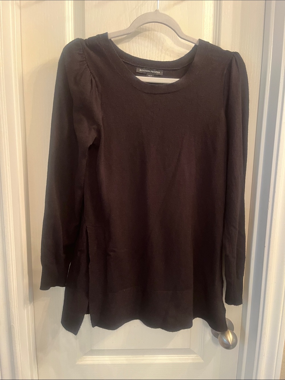 Boston Proper Black Long Sleeve Crewneck Top with Side Slits